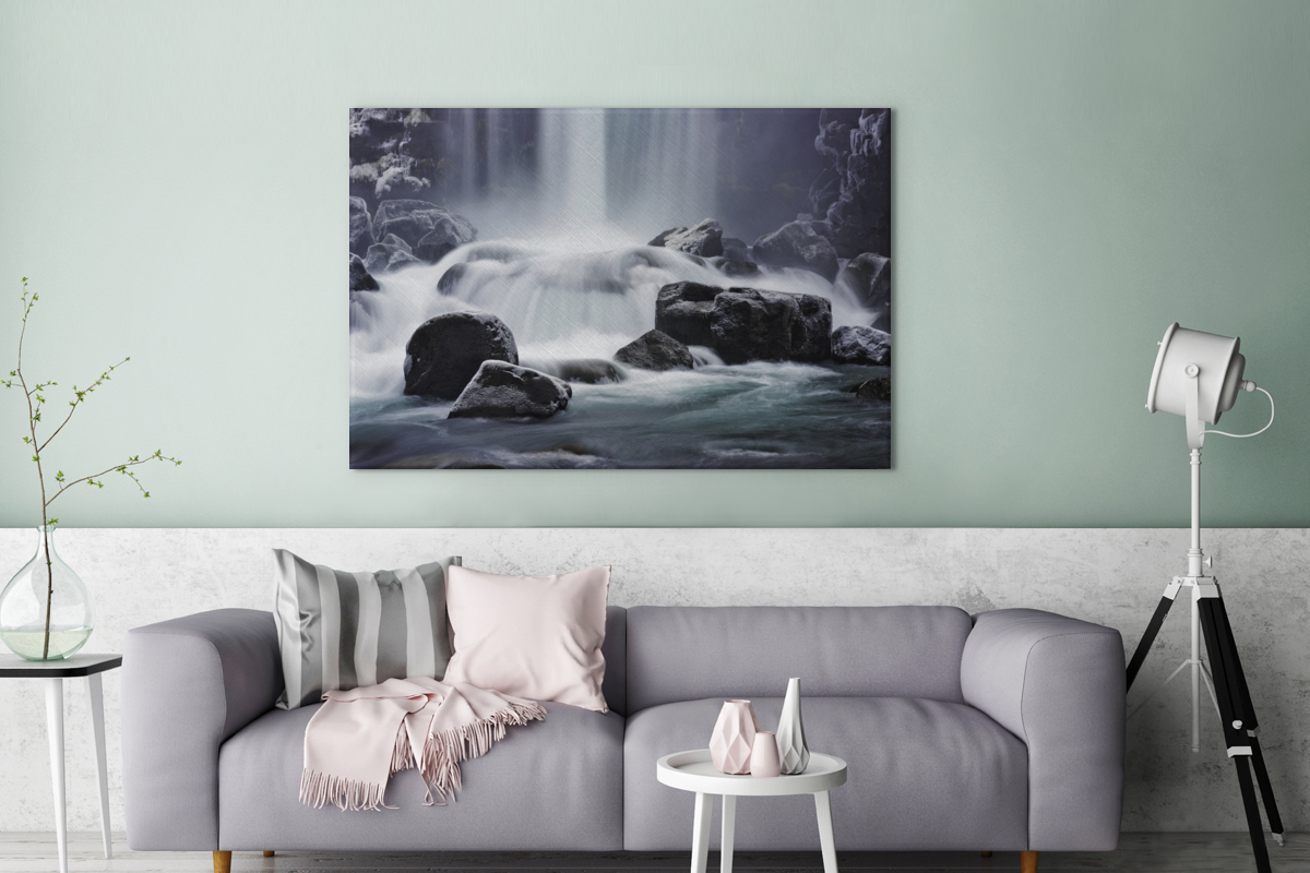 Waterval - Stenen - Natuur canvas 2cm groot -bankgroen