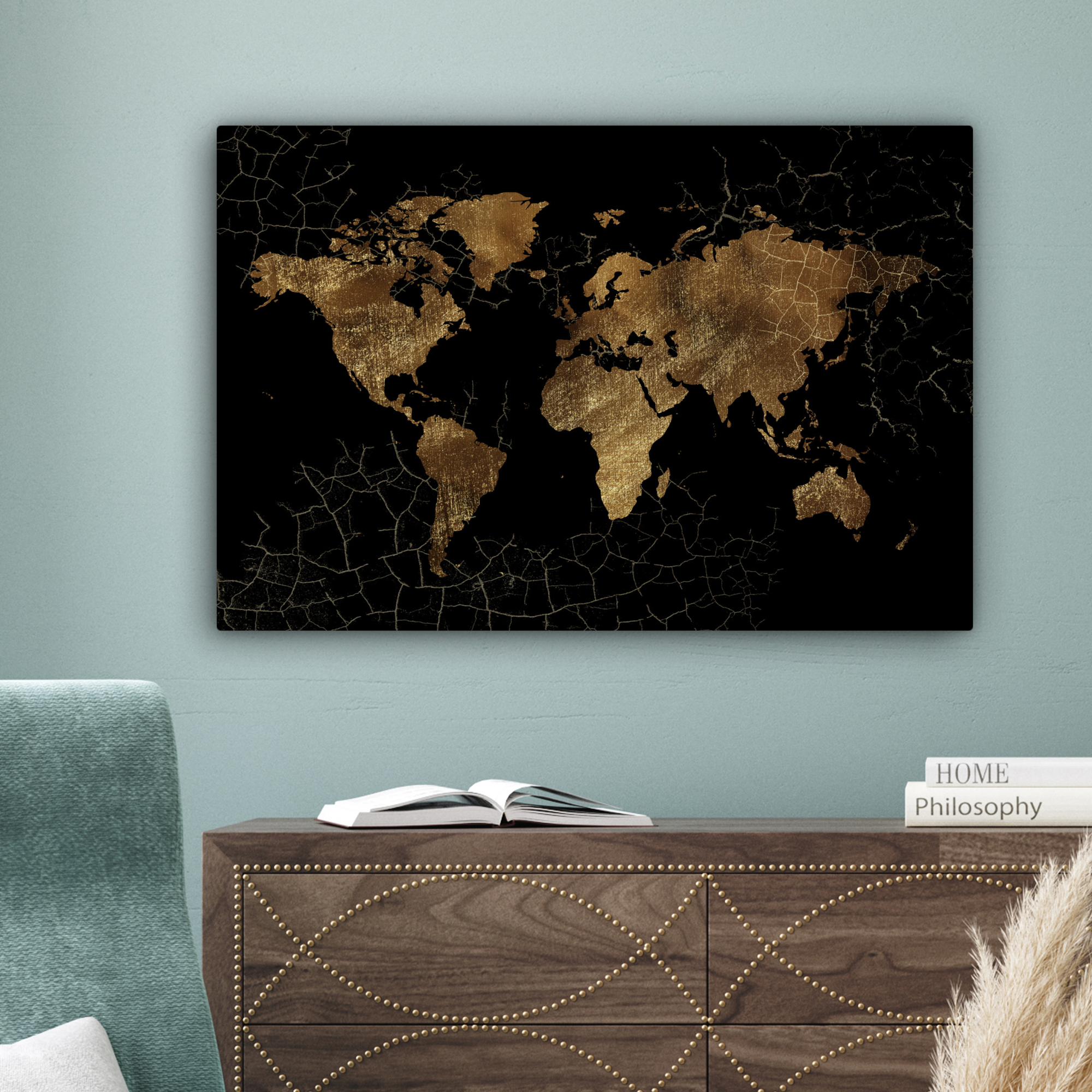 Tableau sur toile - Carte du monde - Marbre - Or-4