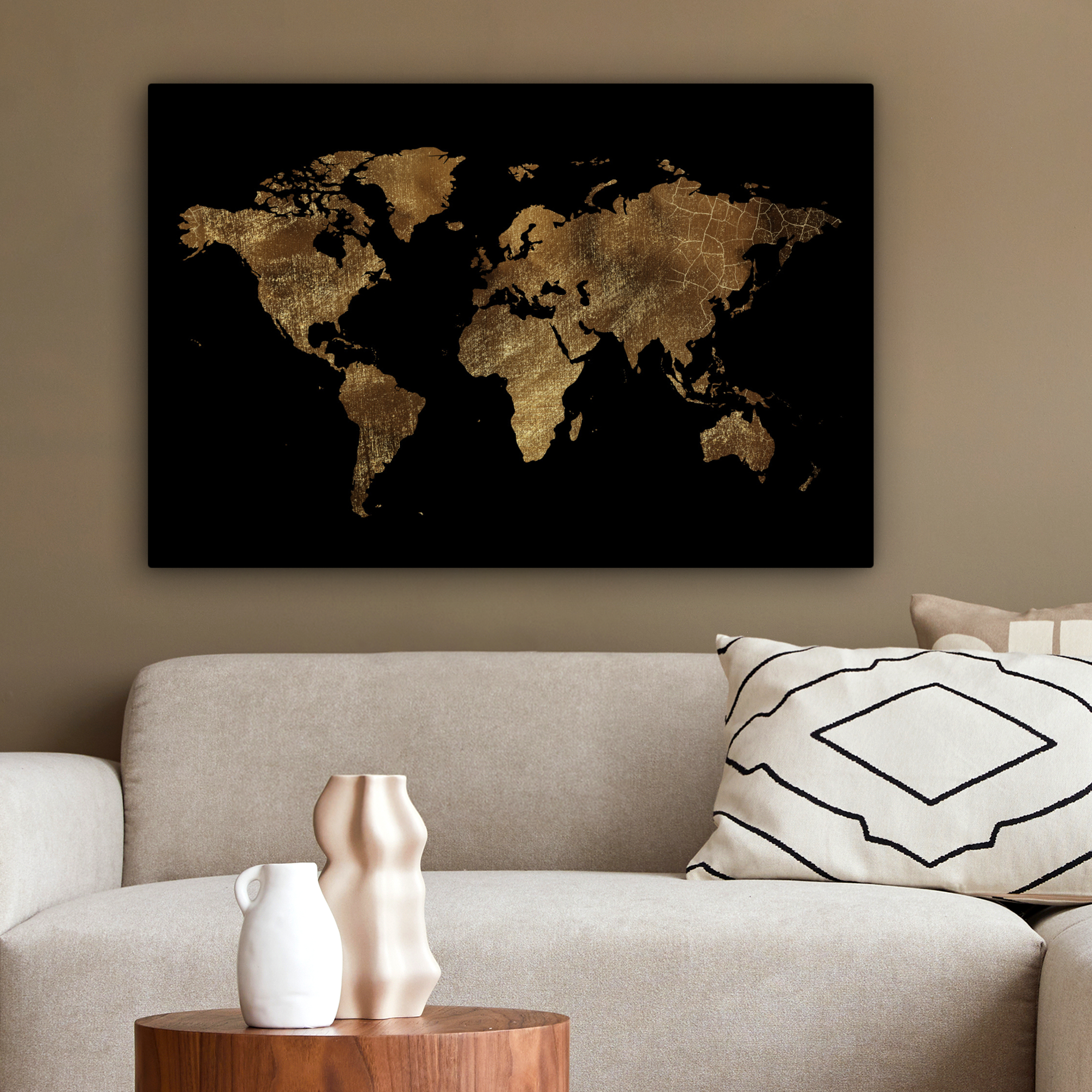 Tableau sur toile - Carte du monde - Or - Luxe - Terre - Noir-2