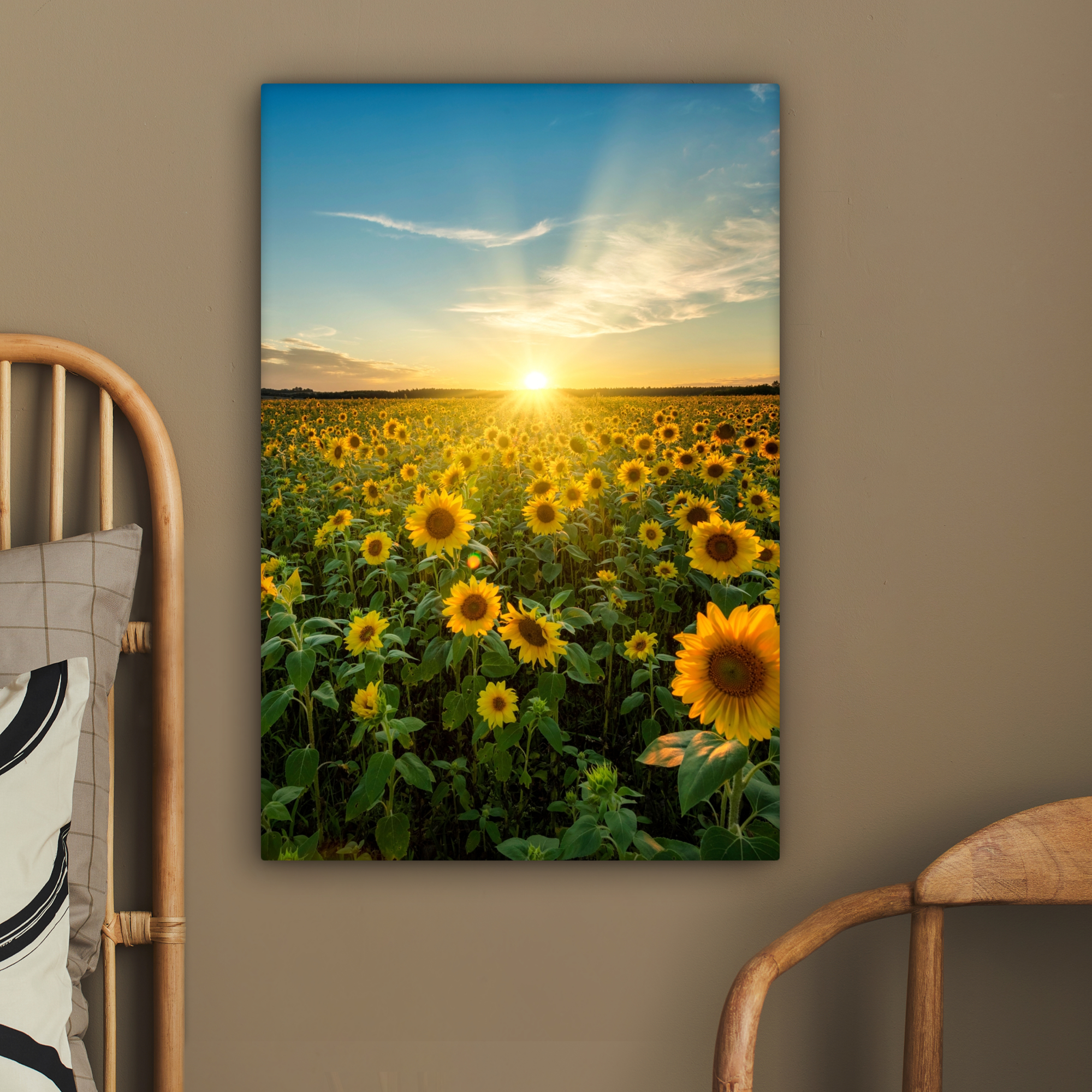 Leinwandbild - Sonnenuntergang - Blumen - Sonnenblume - Horizont - Landschaft-2