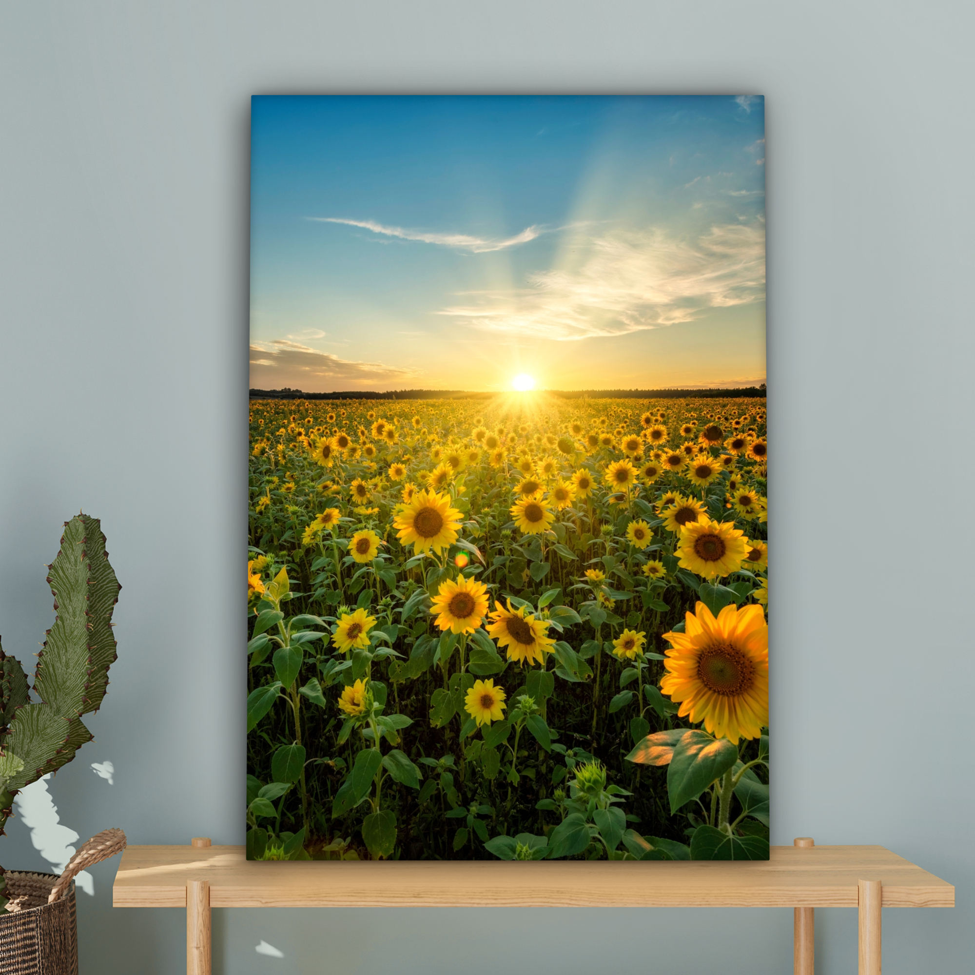 Leinwandbild - Sonnenuntergang - Blumen - Sonnenblume - Horizont - Landschaft-4