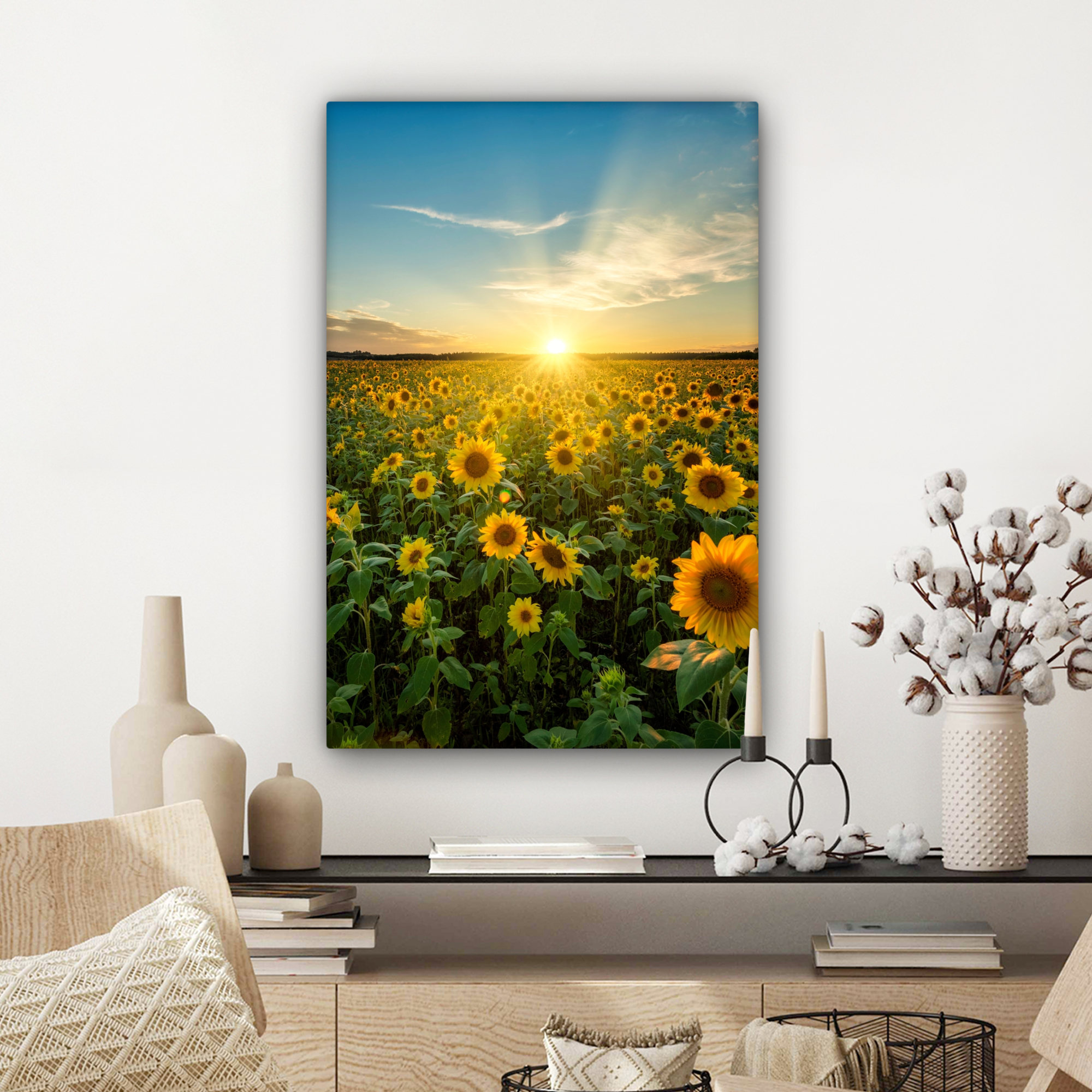 Leinwandbild - Sonnenuntergang - Blumen - Sonnenblume - Horizont - Landschaft-3