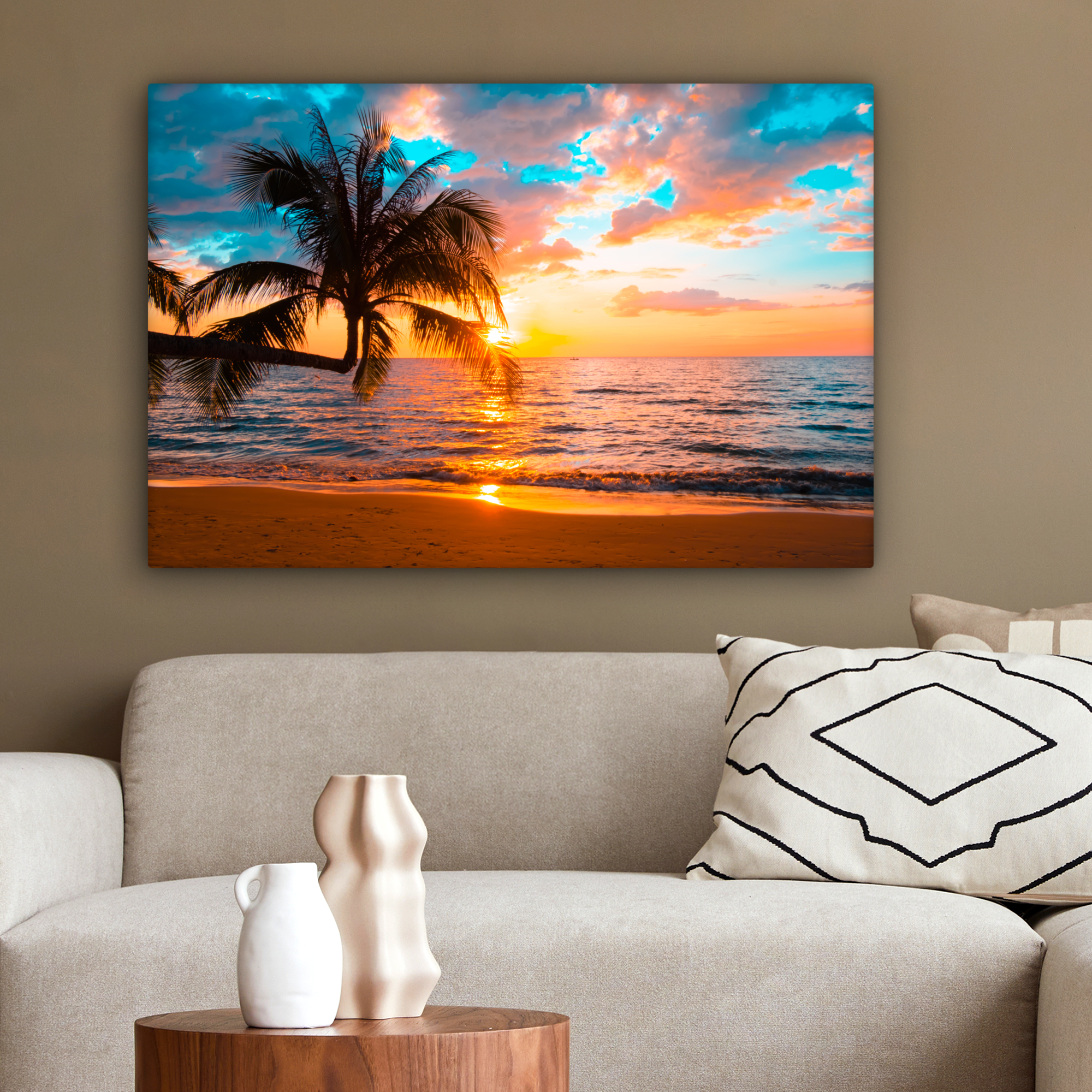 Canvas schilderij - Palm - Zonsondergang - Horizon - Strand - Zee-2